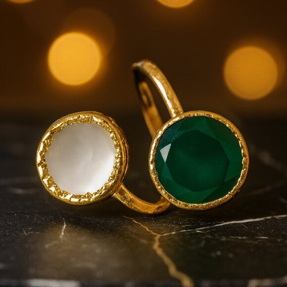 🆕️Turkish Artisan Genuine Emerald & Glass Pearl Adjustable Ring 18K Gold Plated - Picture 6 of 14